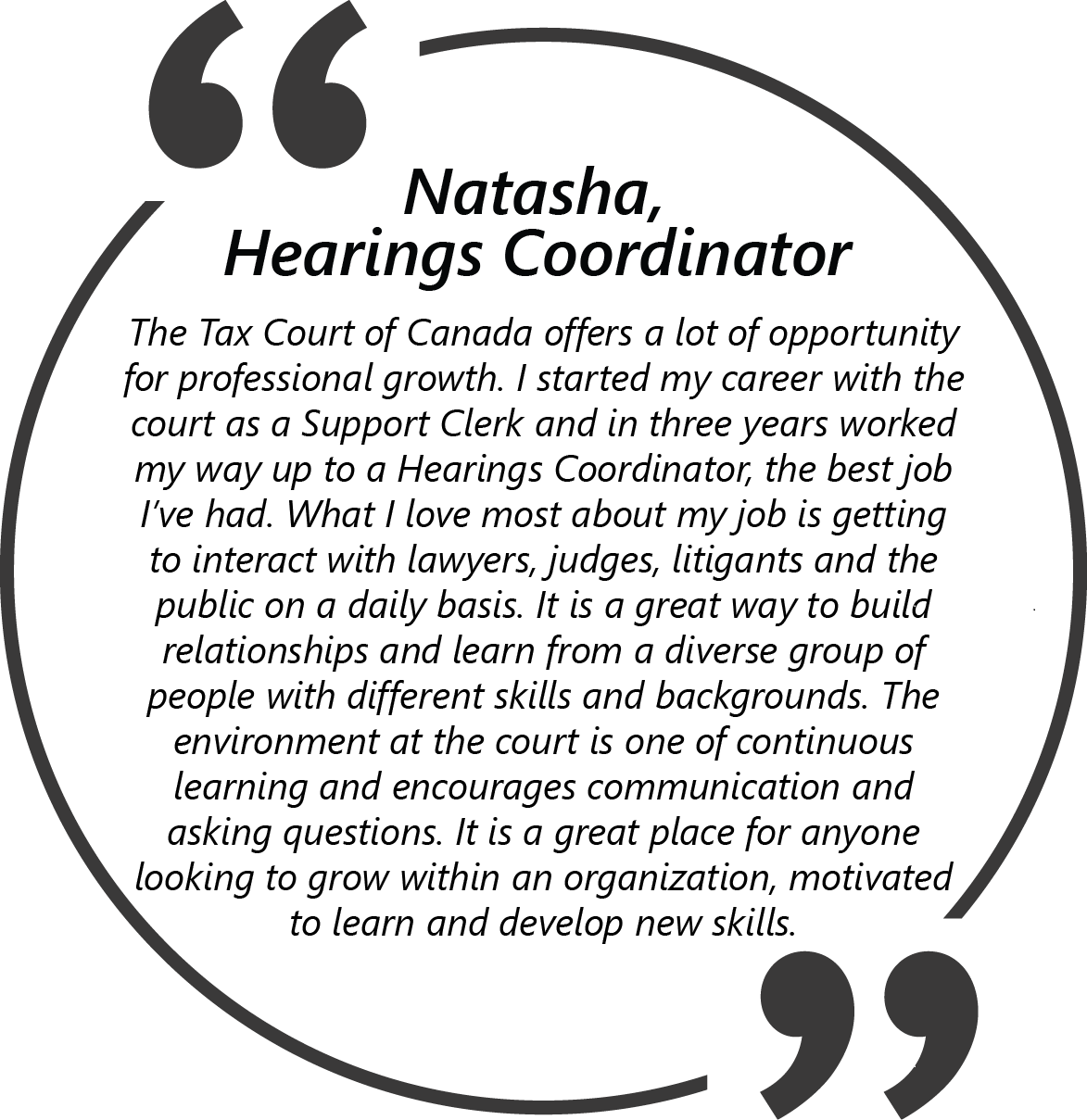Quote from Natasha, Hearings Coordinator